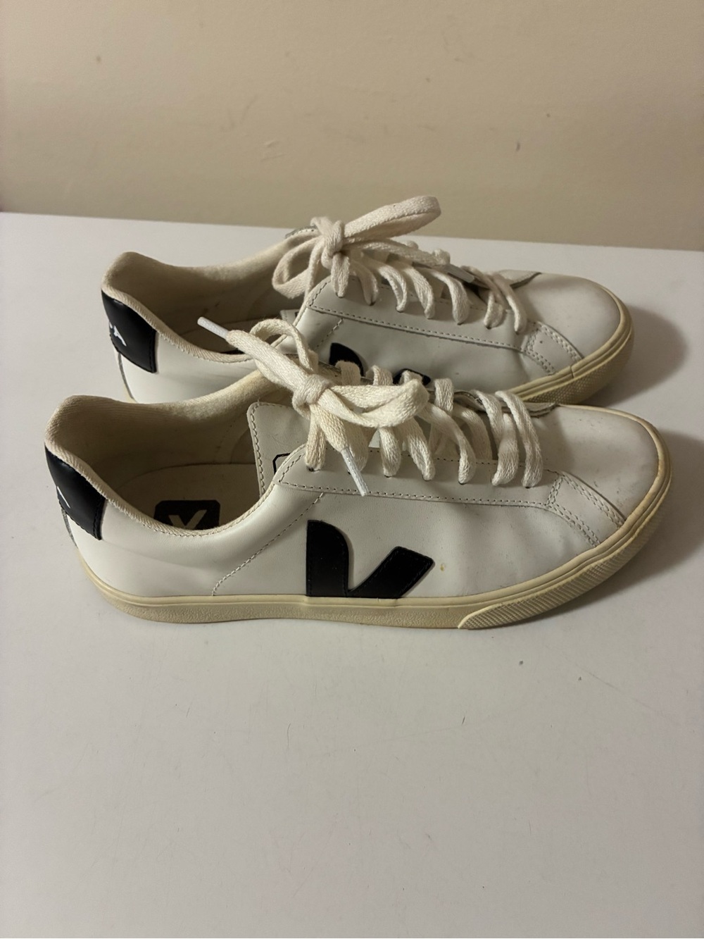 Veja White Leather Low-Top Sneakers with Black V Logo